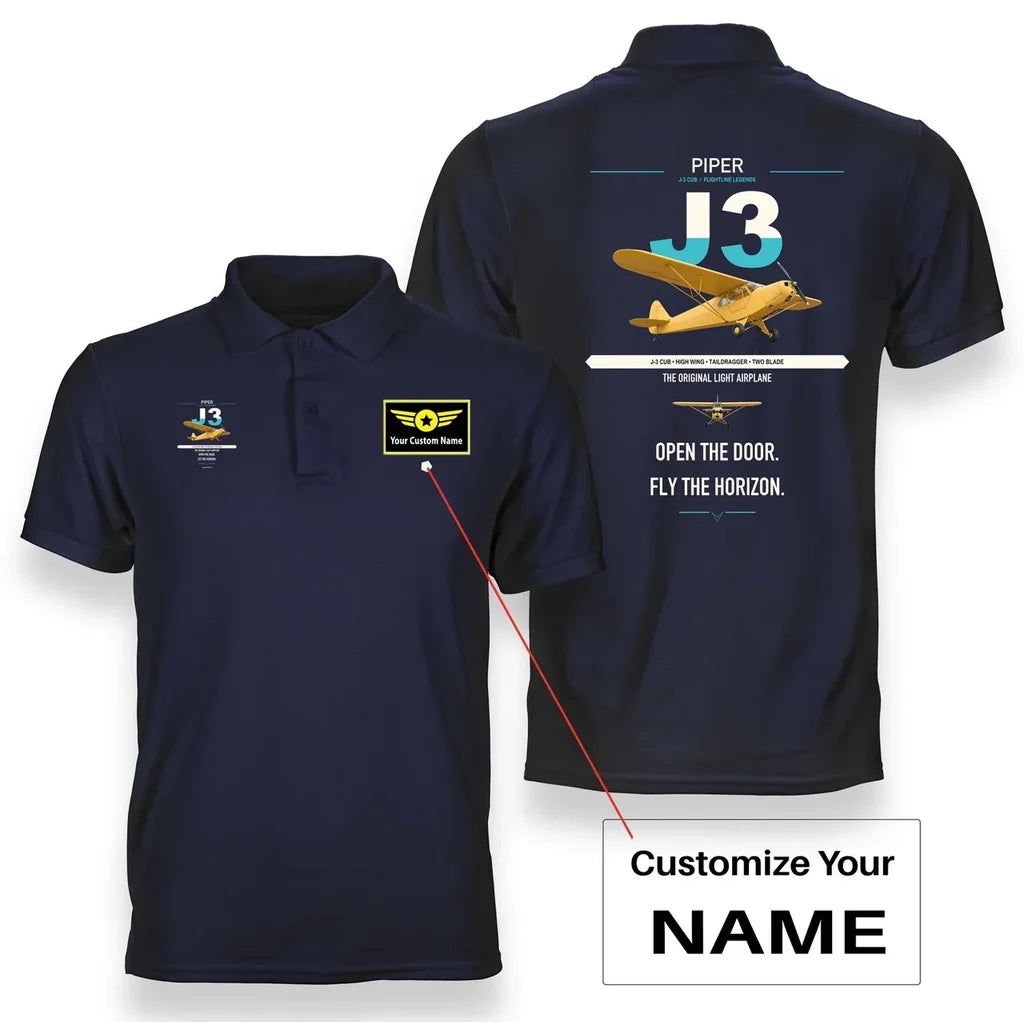 Piper J-3 Cub design on navy blue+name double-side polo t-shirt, double-side print