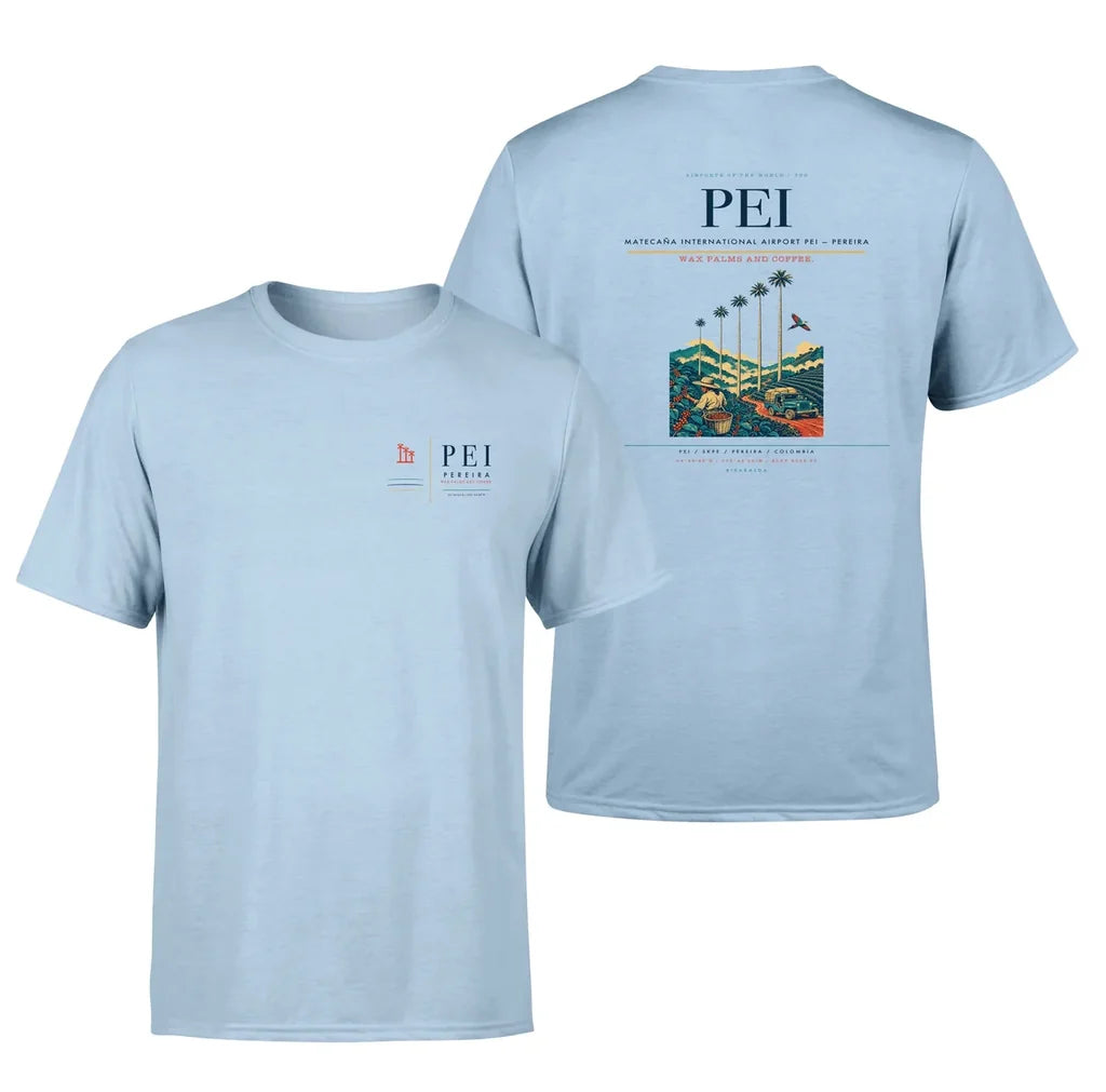 Matecaña International Airport (PEI) design printed on light blue double-side t-shirt