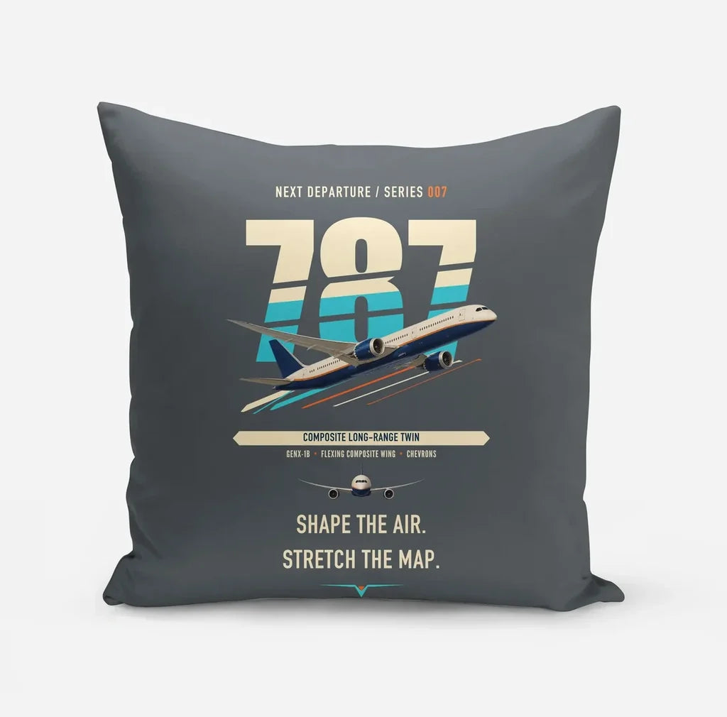 Boeing 787-9 Dreamliner design on gray pillow