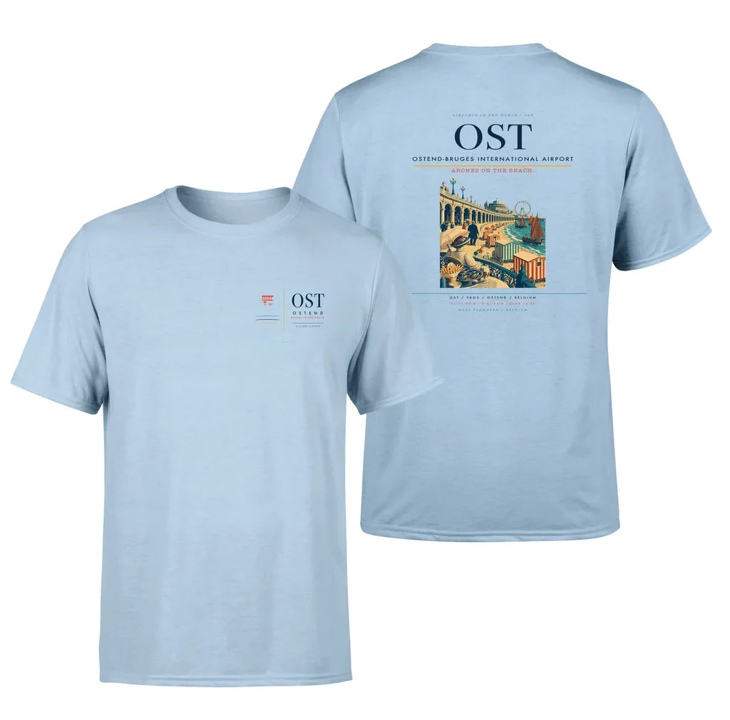 Ostend-Bruges International Airport (OST) design printed on light blue double-side t-shirt
