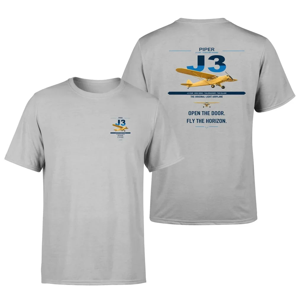 Piper J-3 Cub design on light gray t-shirt, double-side print