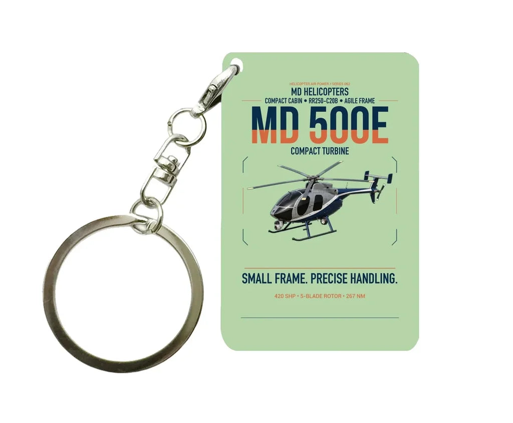 MD Helicopters MD 500E design on light green designed key chain, double-side print