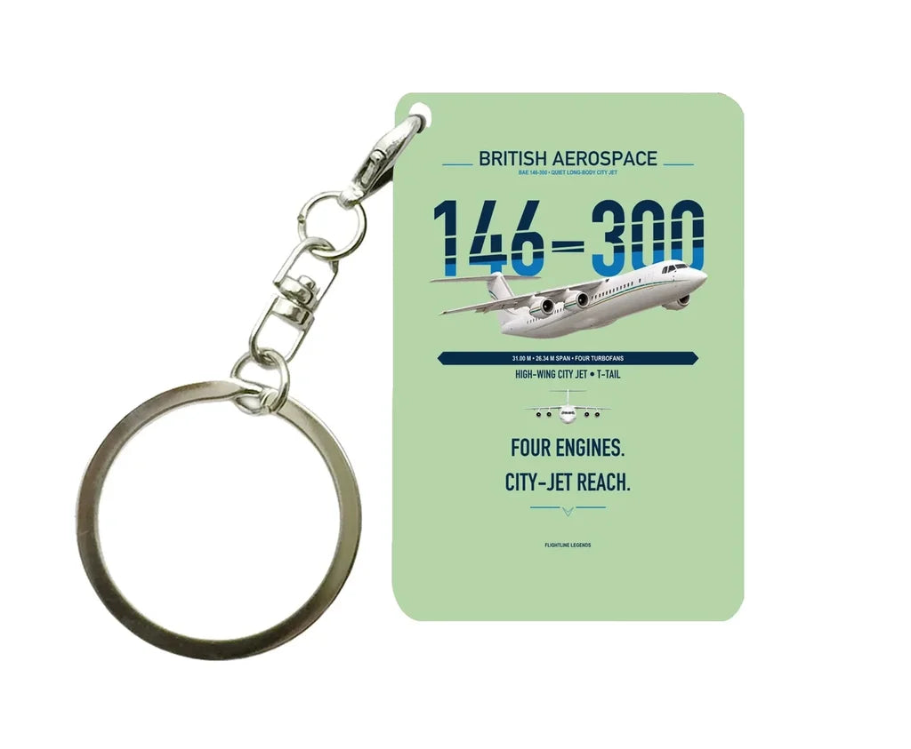BAe 146-300 design on light green designed key chain, double-side print
