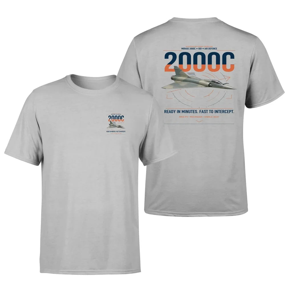 Dassault Mirage 2000C RDI design on light gray t-shirt, double-side print