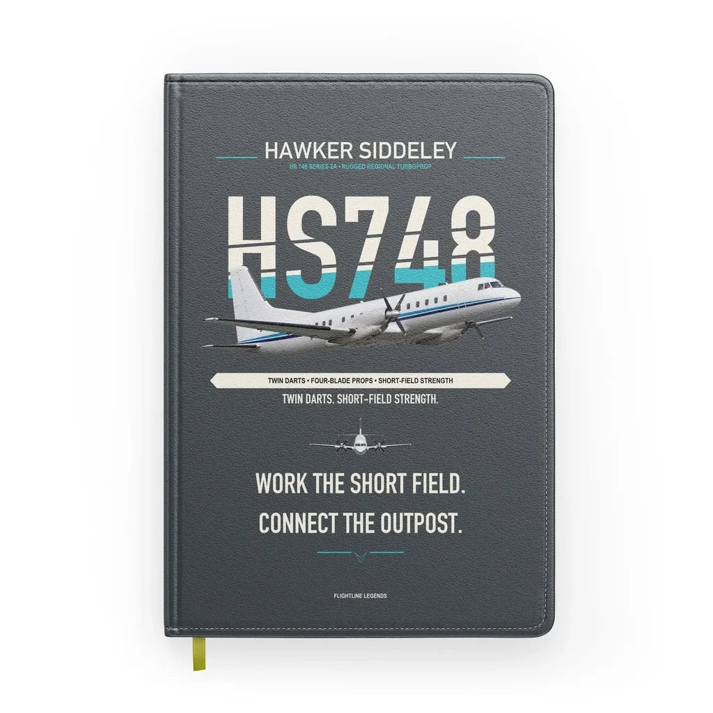 Hawker Siddeley HS 748 Series 2A design on gray notebook
