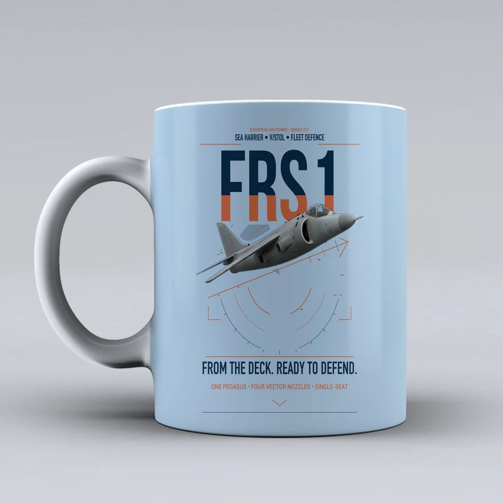 British Aerospace Sea Harrier FRS.1 design on light blue ceramic mug, double-side print