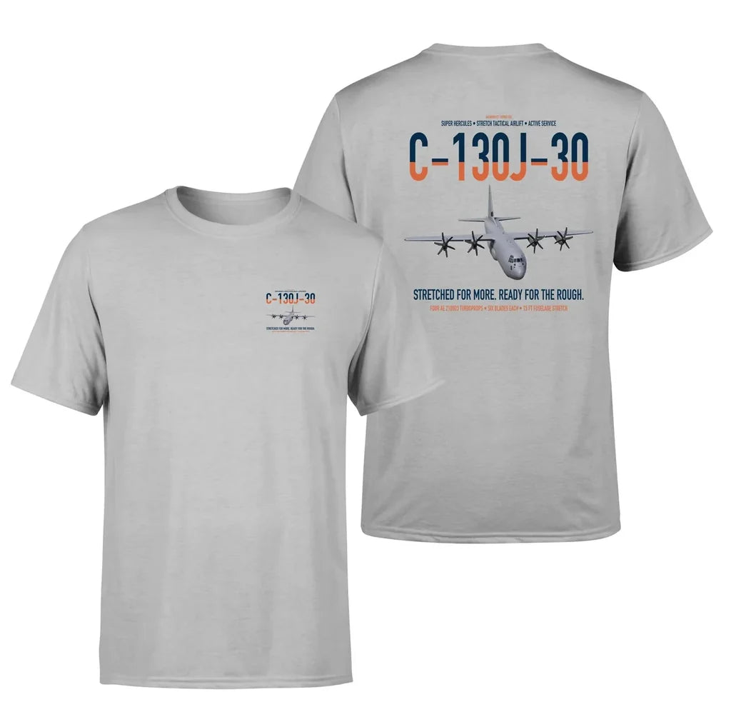 C-130J-30 Super Hercules design on light gray double-side t-shirt, double-side print