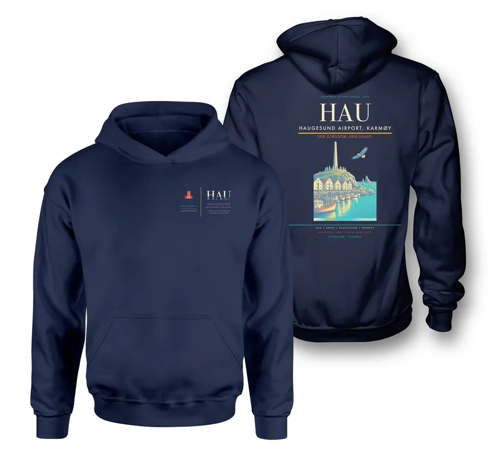 Haugesund Airport, Karmøy (HAU) design on navy blue double-side hoodie