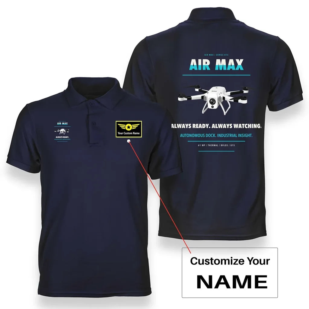 Percepto Air Max design on navy blue polo with custom name badge