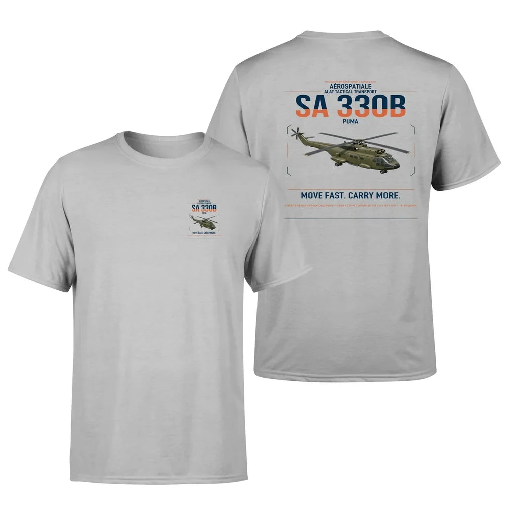 Aérospatiale SA 330B Puma design on light gray t-shirt, double-side print