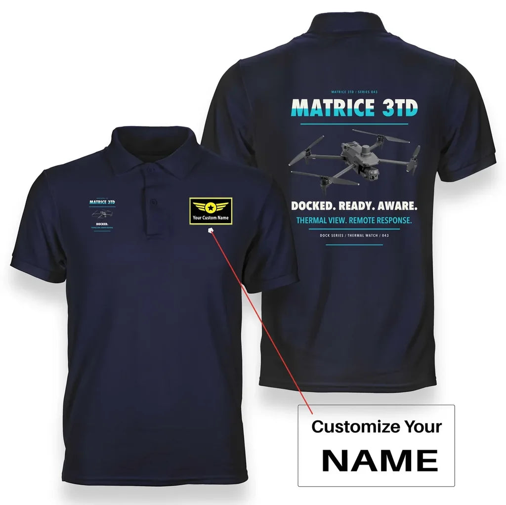 DJI Matrice 3TD design on navy blue polo with custom name badge