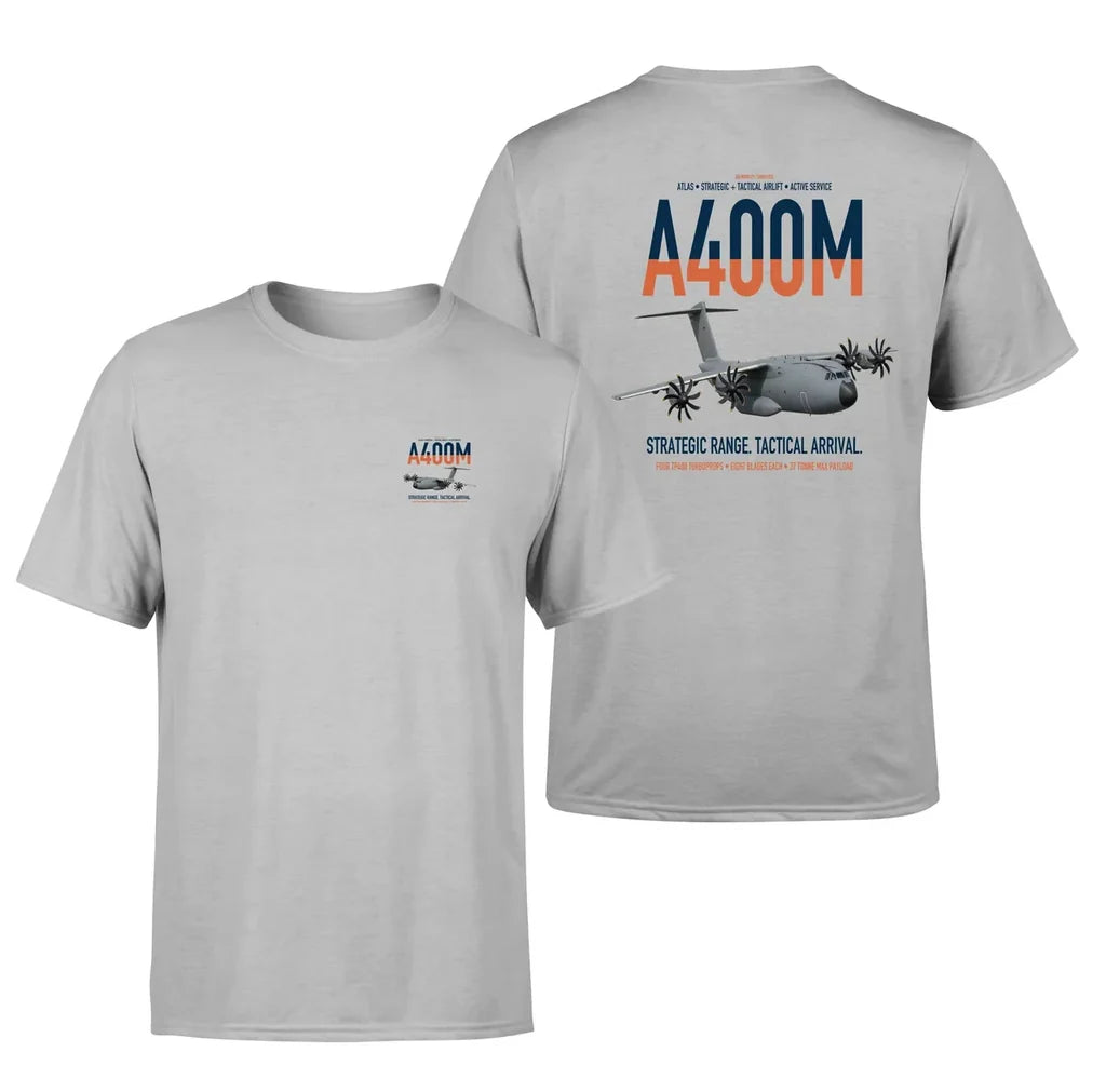 Airbus A400M Atlas design on light gray t-shirt, double-side print