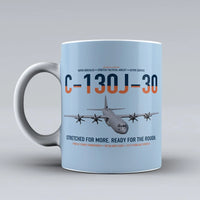 Thumbnail for C-130J-30 Super Hercules design on light blue ceramic mug, double-side print