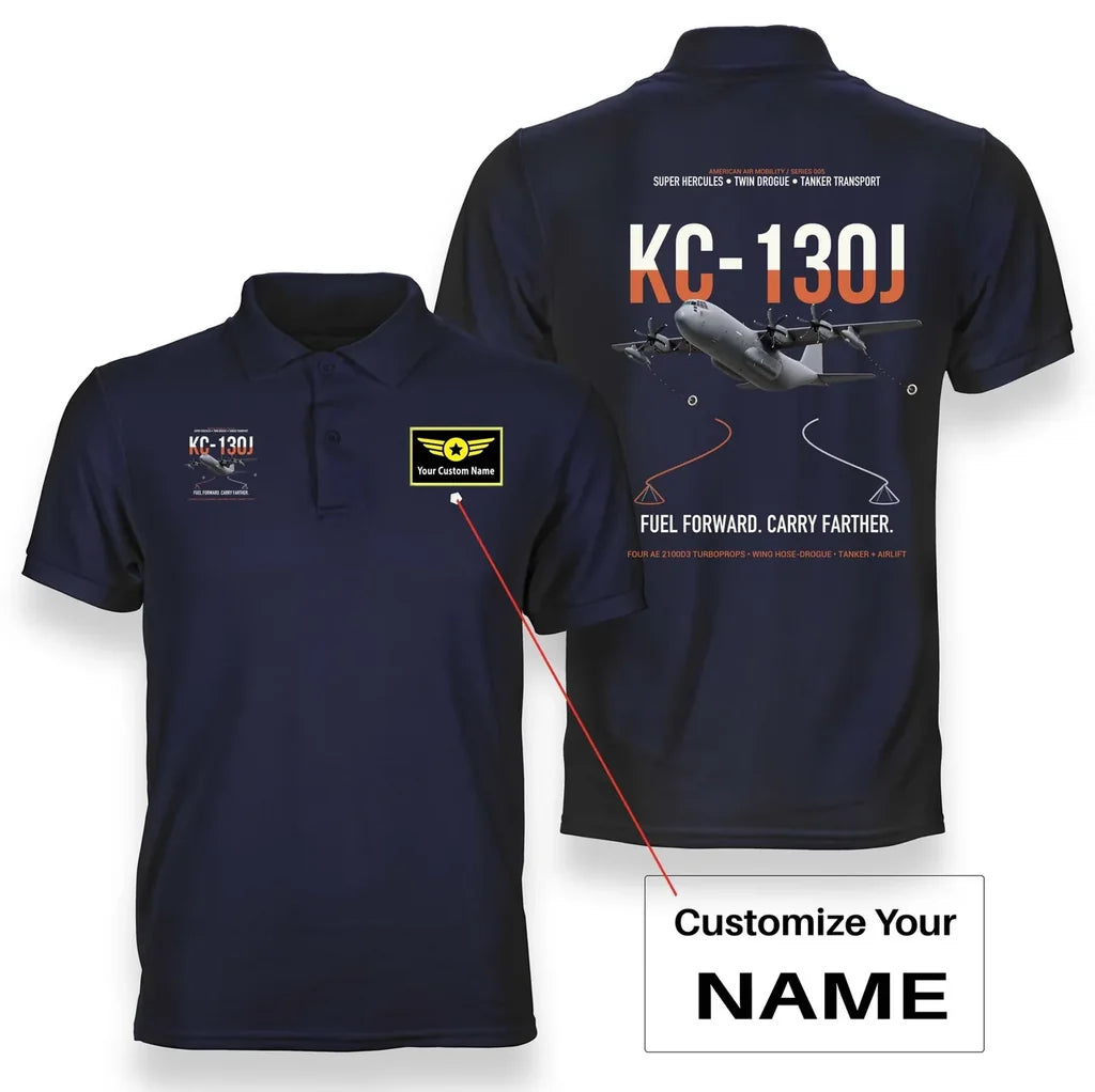 KC-130J SUPER HERCULES design on navy blue+name double-side polo t-shirt, double-side print