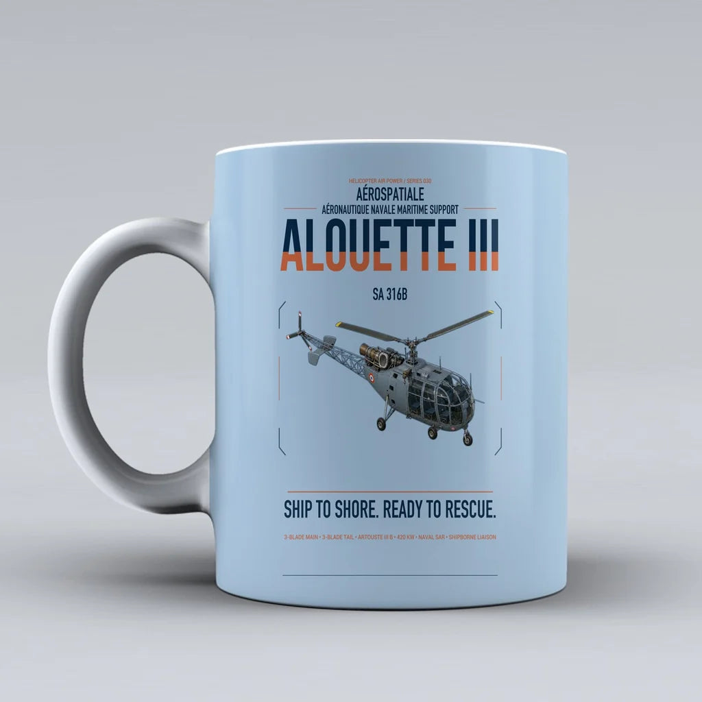 Aérospatiale SA 316B Alouette III design on light blue ceramic mug, double-side print