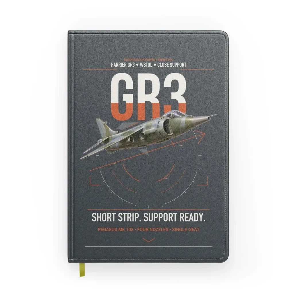 Hawker Siddeley Harrier GR3 design on gray notebook