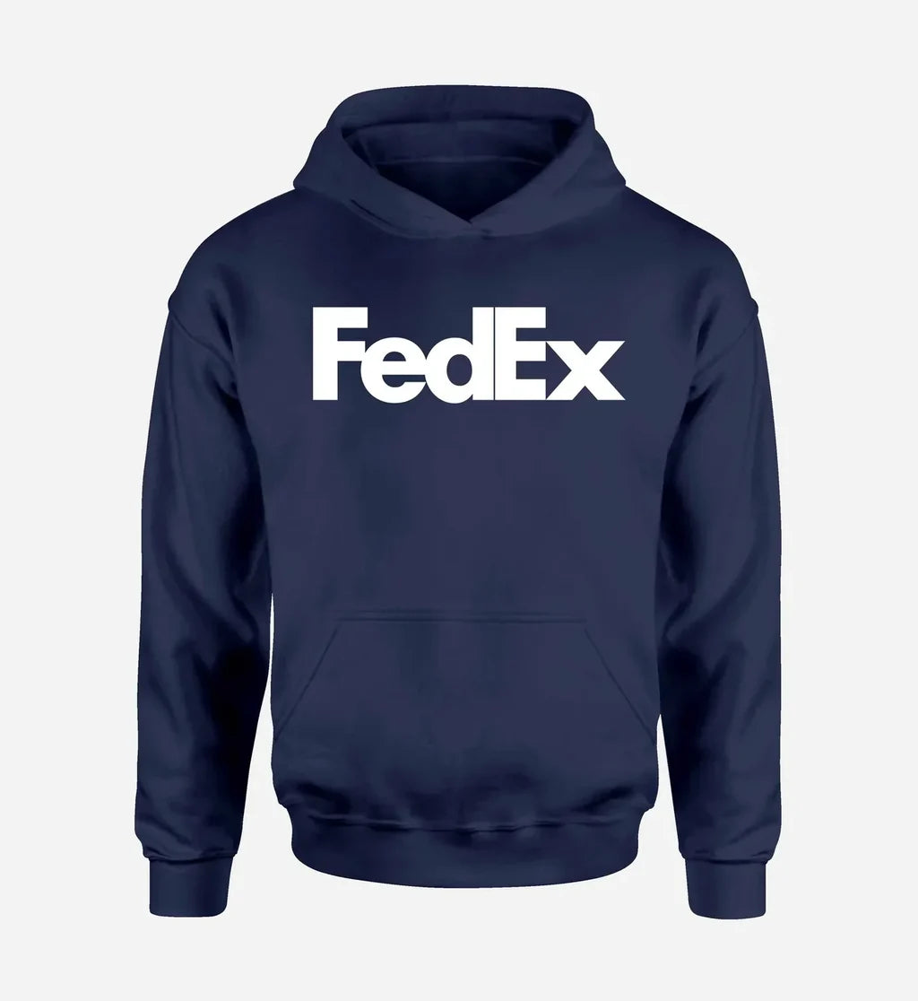 FedEx logo printed on navy blue hoodie