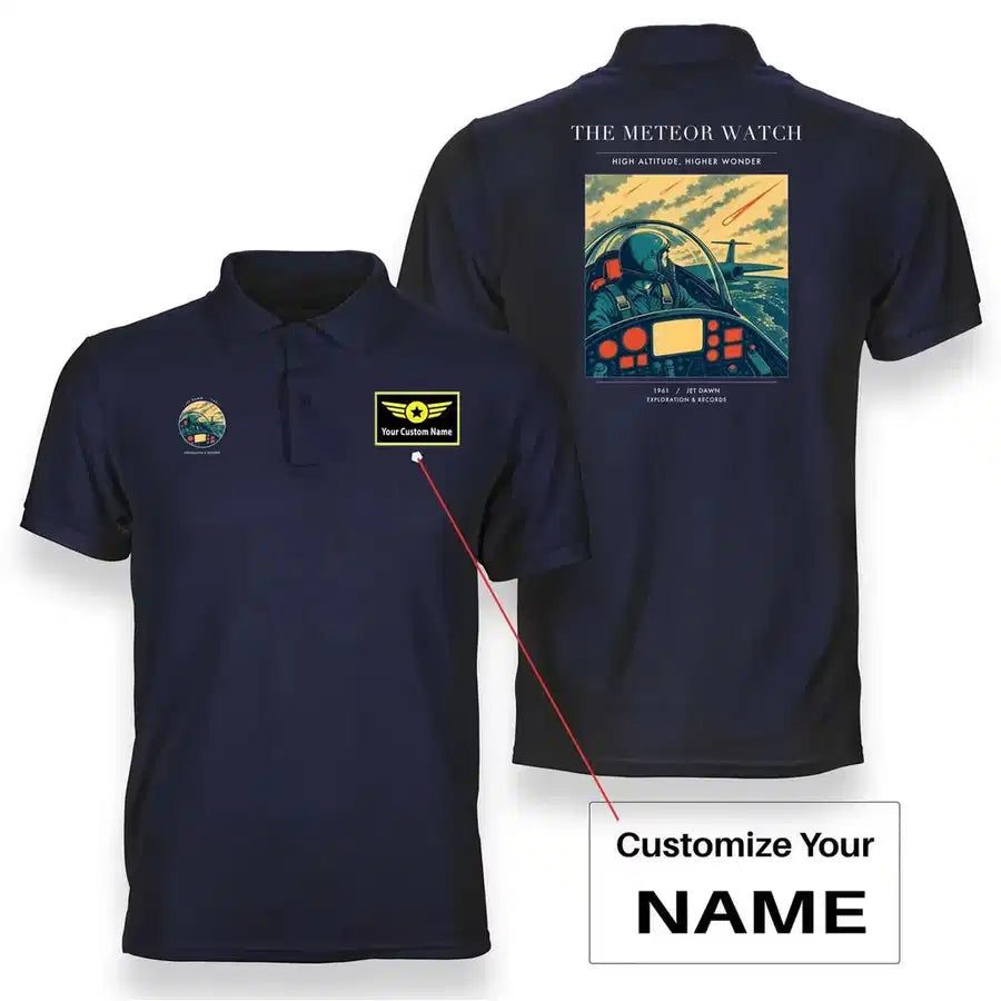 VINTAGE G4212 - The Meteor Watch - Double-Side Polo T-Shirt design on navyblue+name