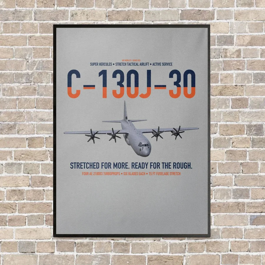 C-130J-30 Super Hercules vertical canvas print - framed - light gray background
