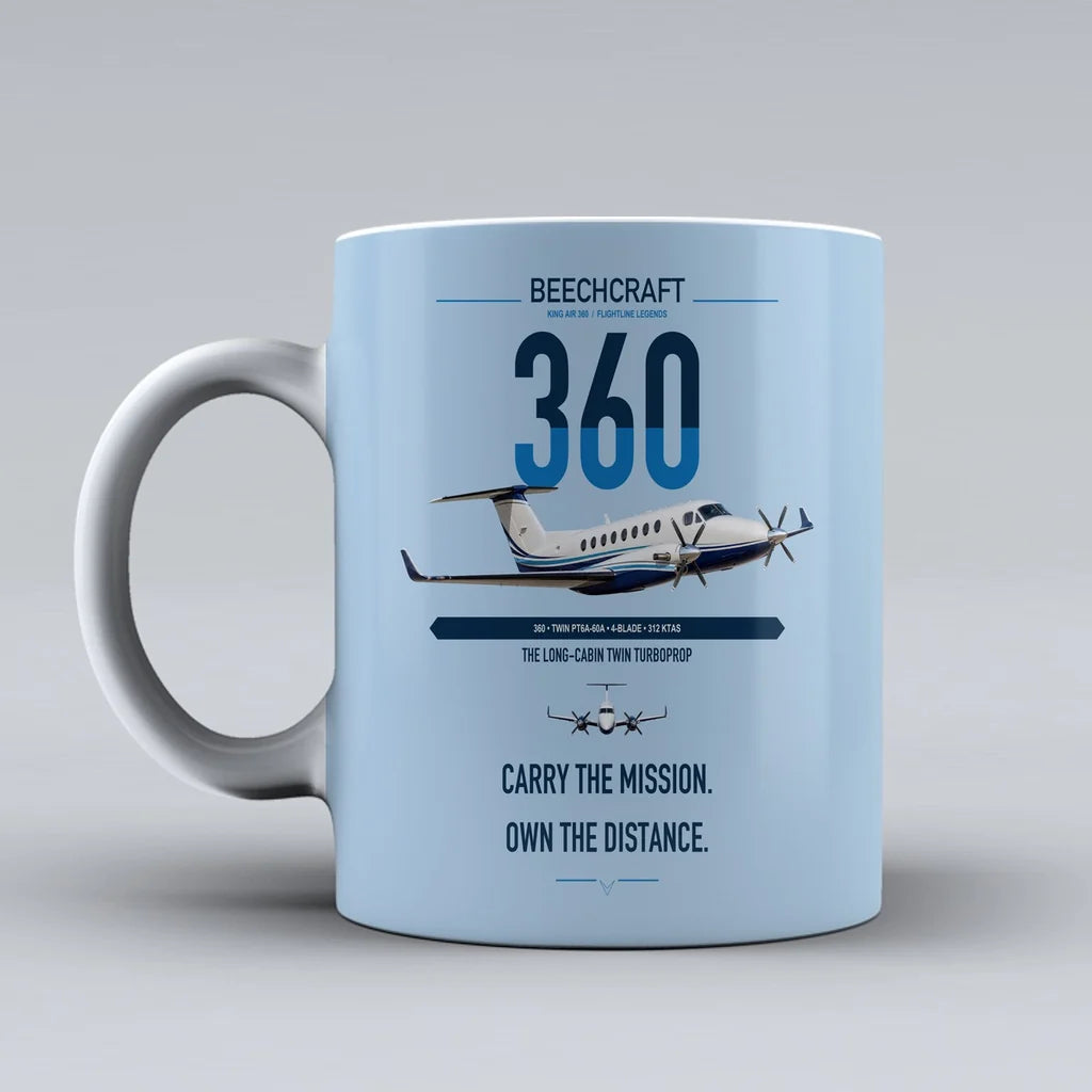 Beechcraft King Air 360 design on light blue ceramic mug, double-side print