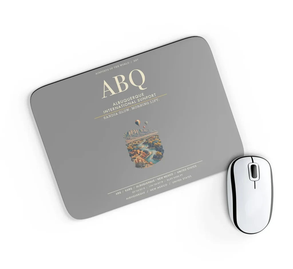 Albuquerque International Sunport (ABQ) design on gray rectangle mouse pad