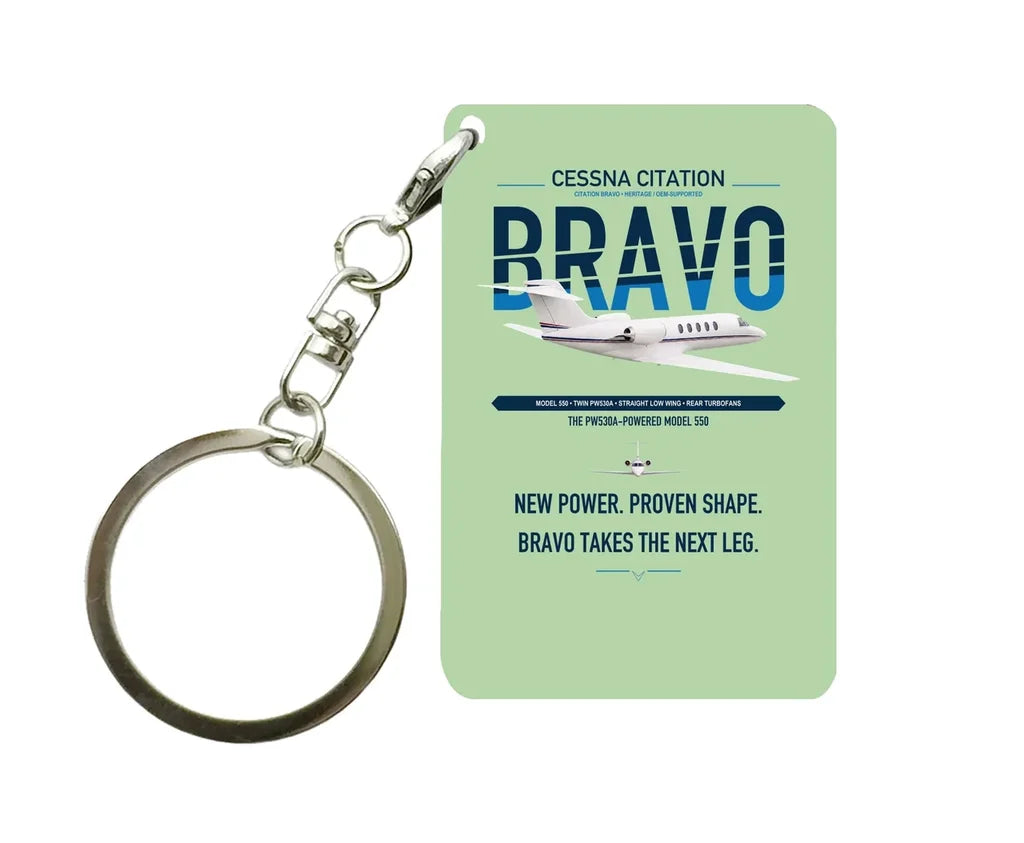 Cessna Citation Bravo design on light green designed key chain, double-side print