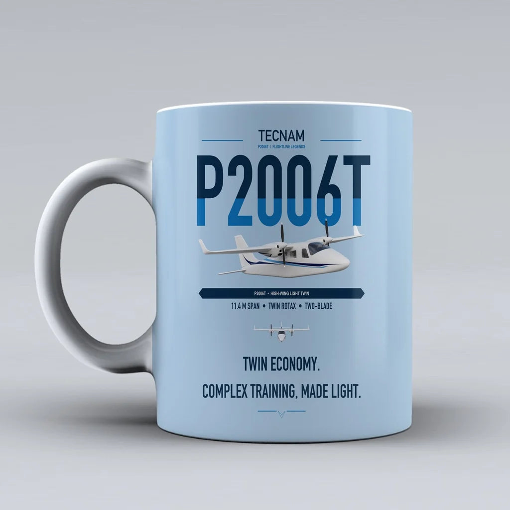 Tecnam P2006T design on light blue ceramic mug, double-side print