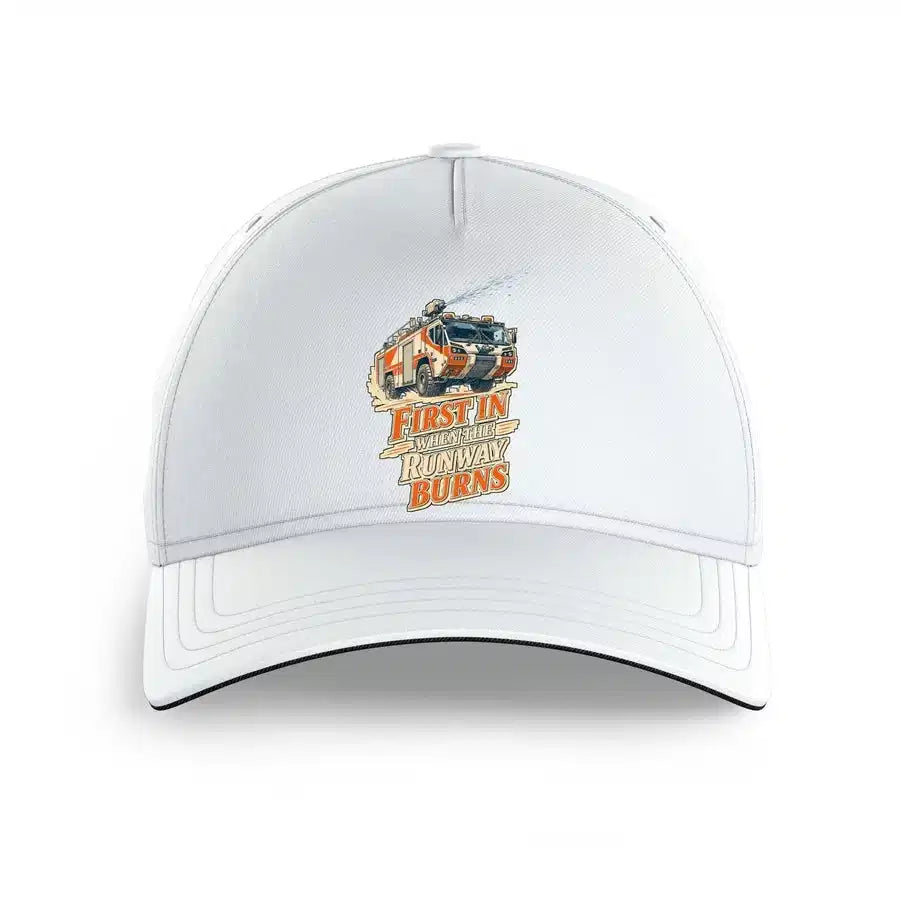 First In When The Runway Burns design on white printed hat