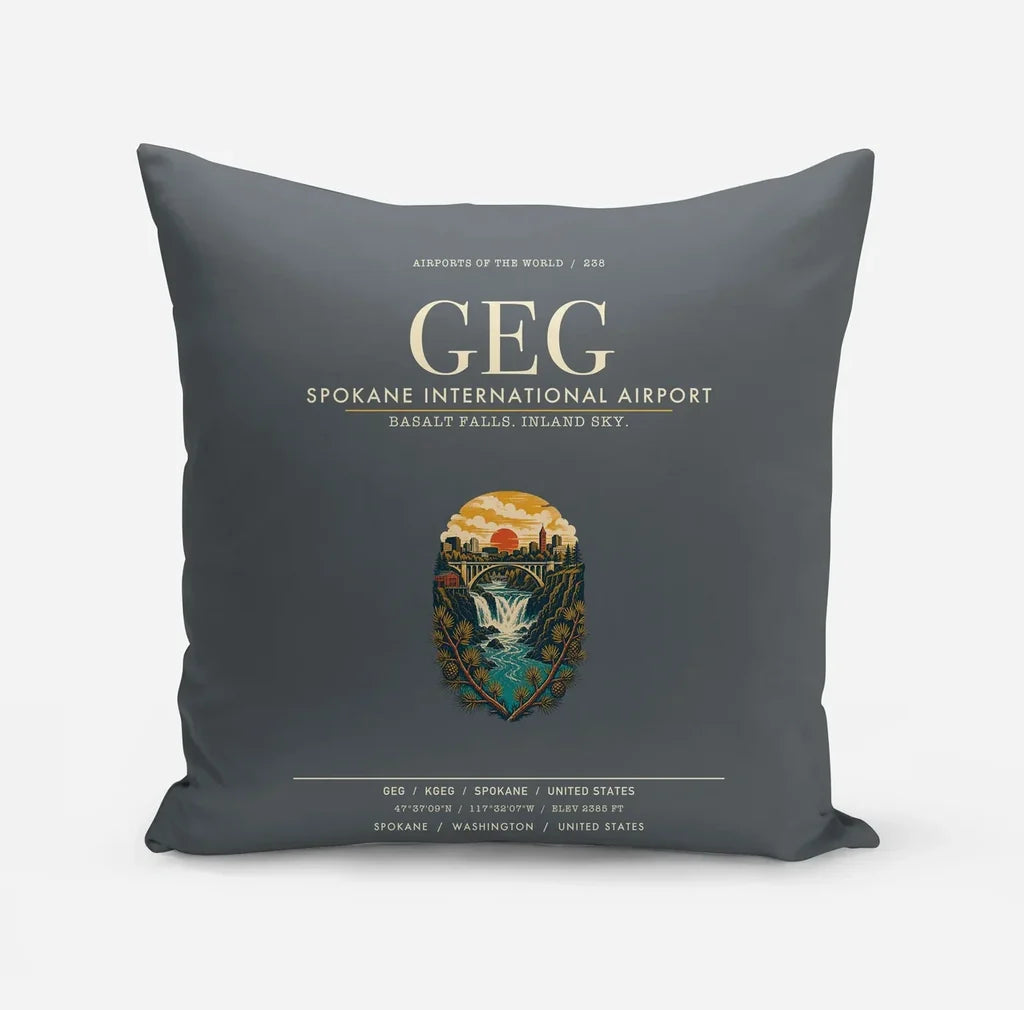 Spokane International Airport (GEG) design on gray pillow