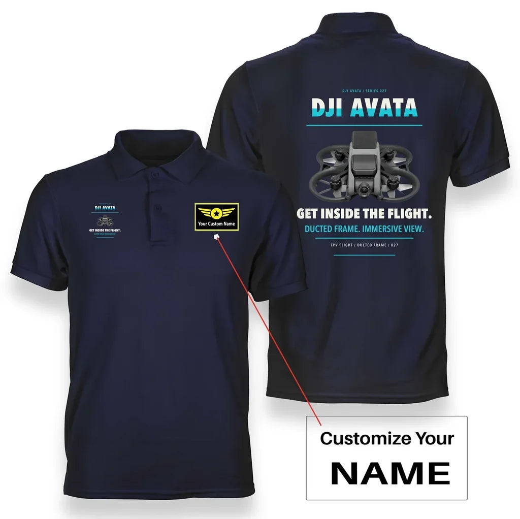 DJI Avata design on navy blue polo with custom name badge