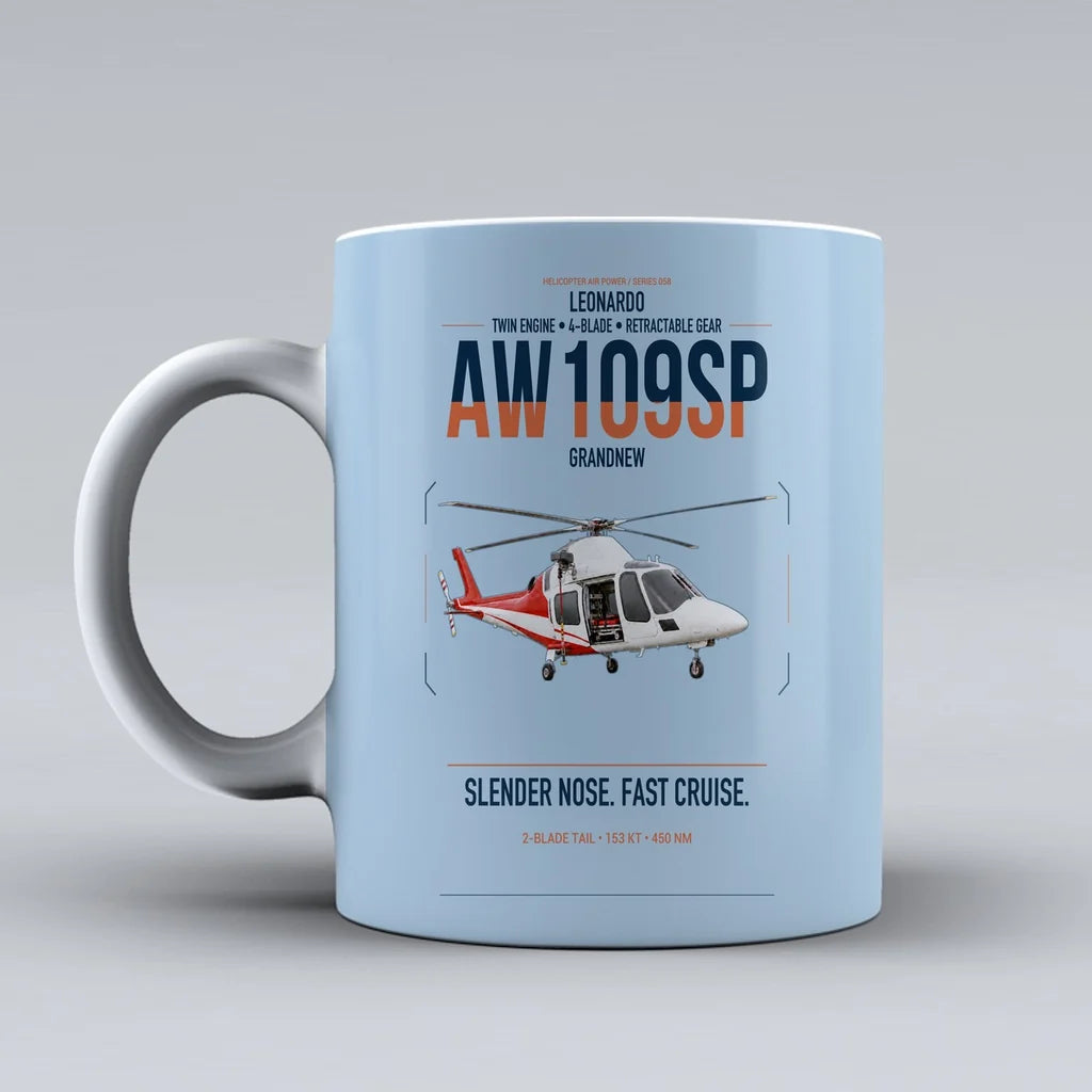 Leonardo AW109SP GrandNew design on light blue ceramic mug, double-side print