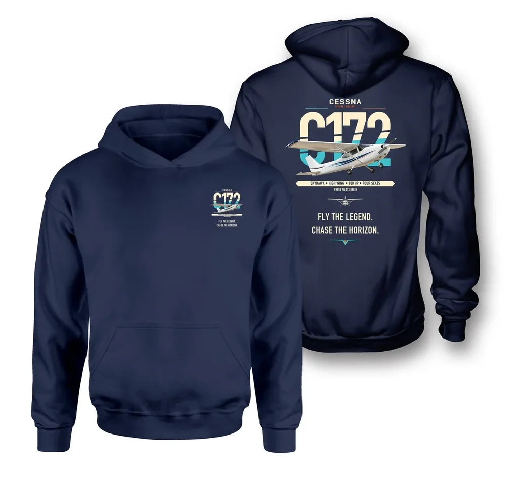 Cessna 172 Skyhawk design on navy blue double-side hoodie, double-side print