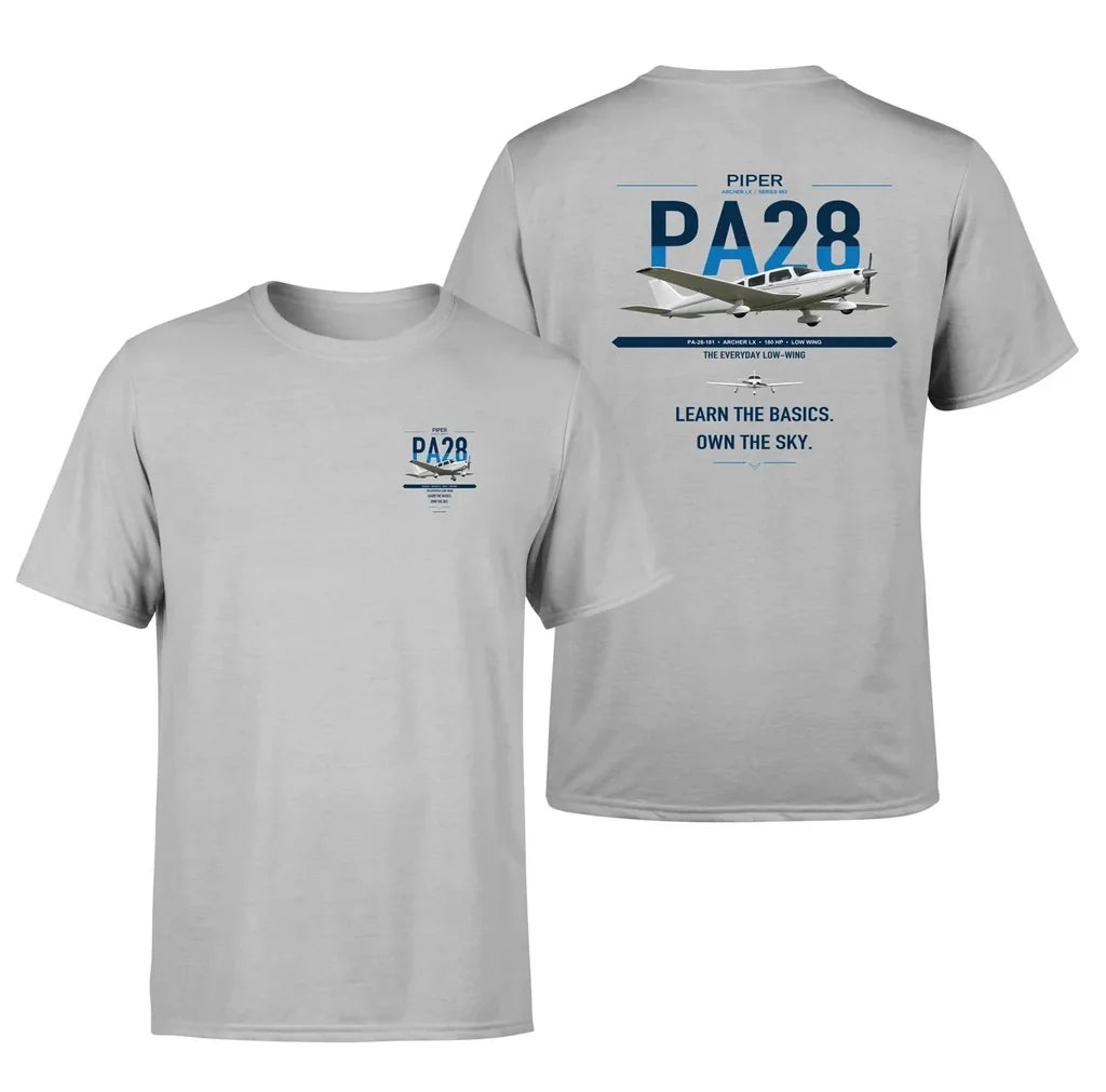 Piper PA-28-181 Archer LX design on light gray t-shirt, double-side print