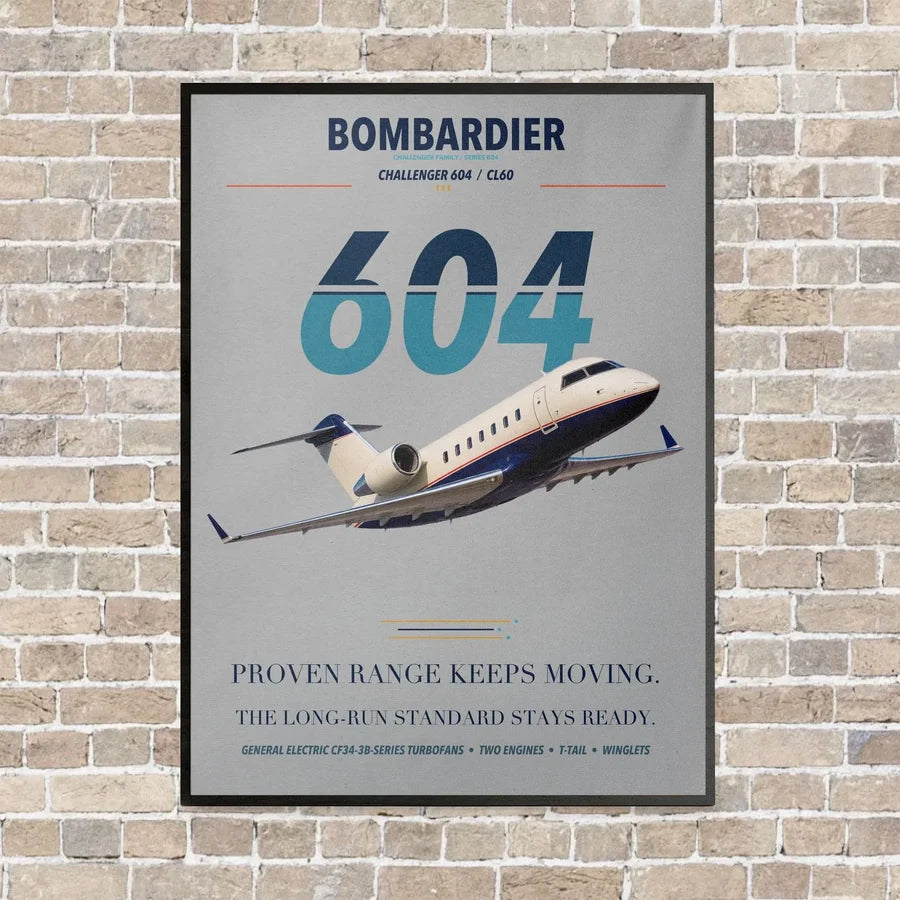 Bombardier Challenger 604 vertical canvas print - framed - light gray background