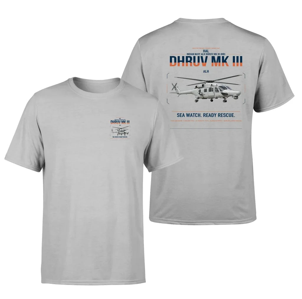 HAL ALH Dhruv Mk III design on light gray t-shirt, double-side print