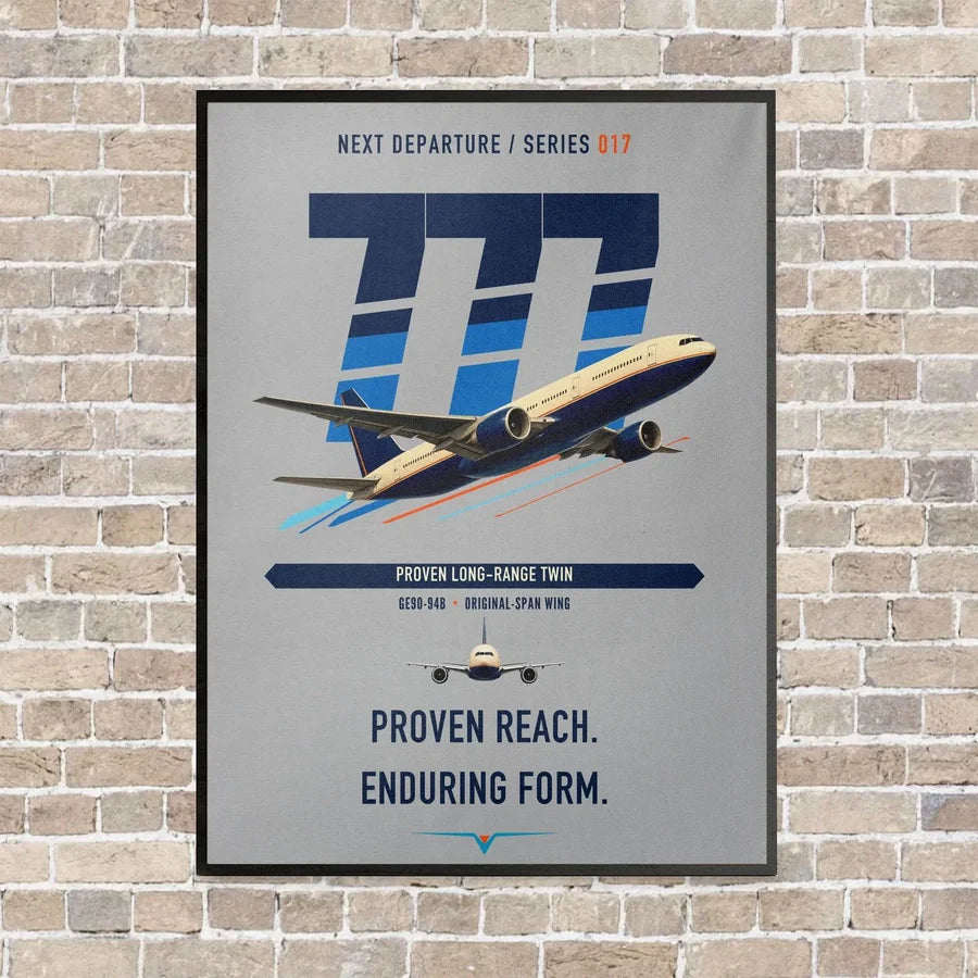 Boeing 777-200ER vertical canvas print - framed - light gray background