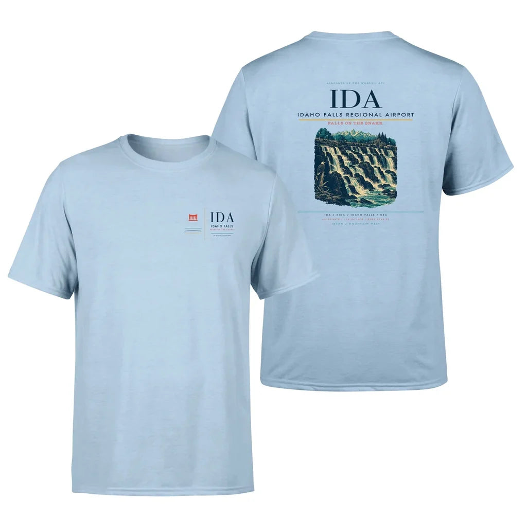 Idaho Falls Regional Airport (IDA) design printed on light blue double-side t-shirt