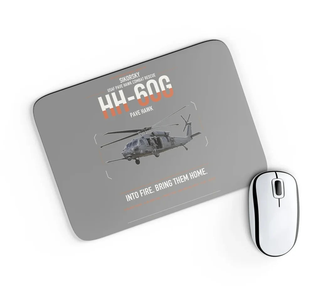 Sikorsky HH-60G Pave Hawk design on gray rectangle mouse pad