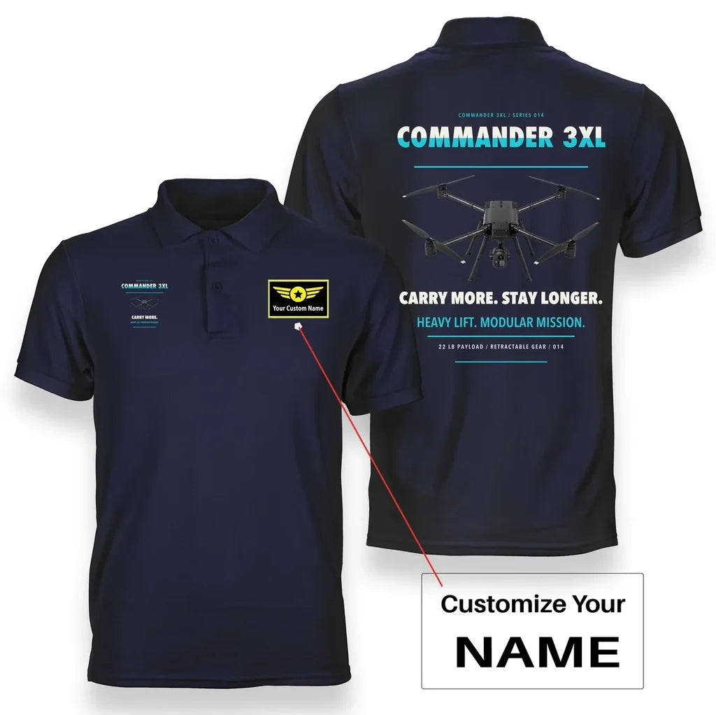 Draganfly Commander 3XL design on navy blue polo with custom name badge
