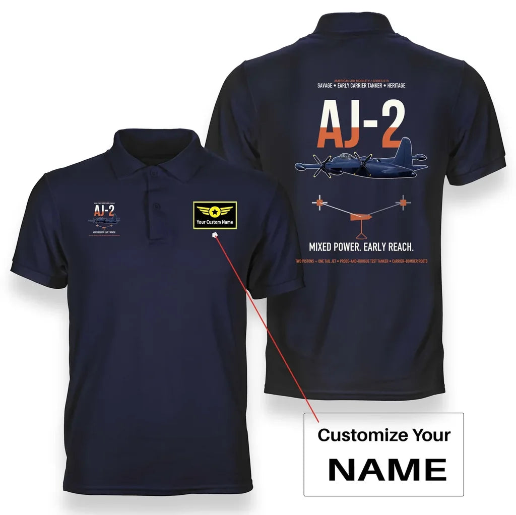 AJ-2 Savage Tanker design on navy blue+name double-side polo t-shirt, double-side print