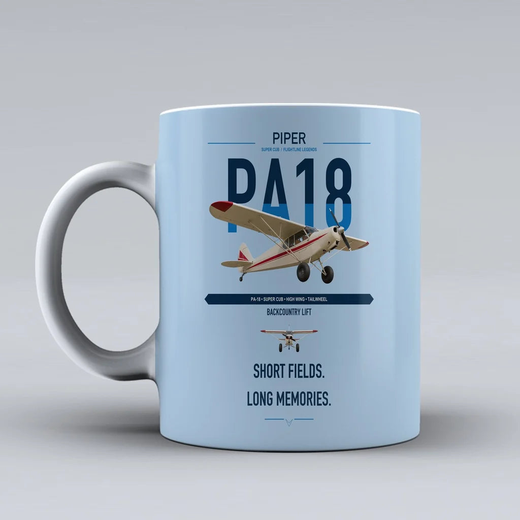 Piper PA-18 Super Cub design on light blue ceramic mug, double-side print