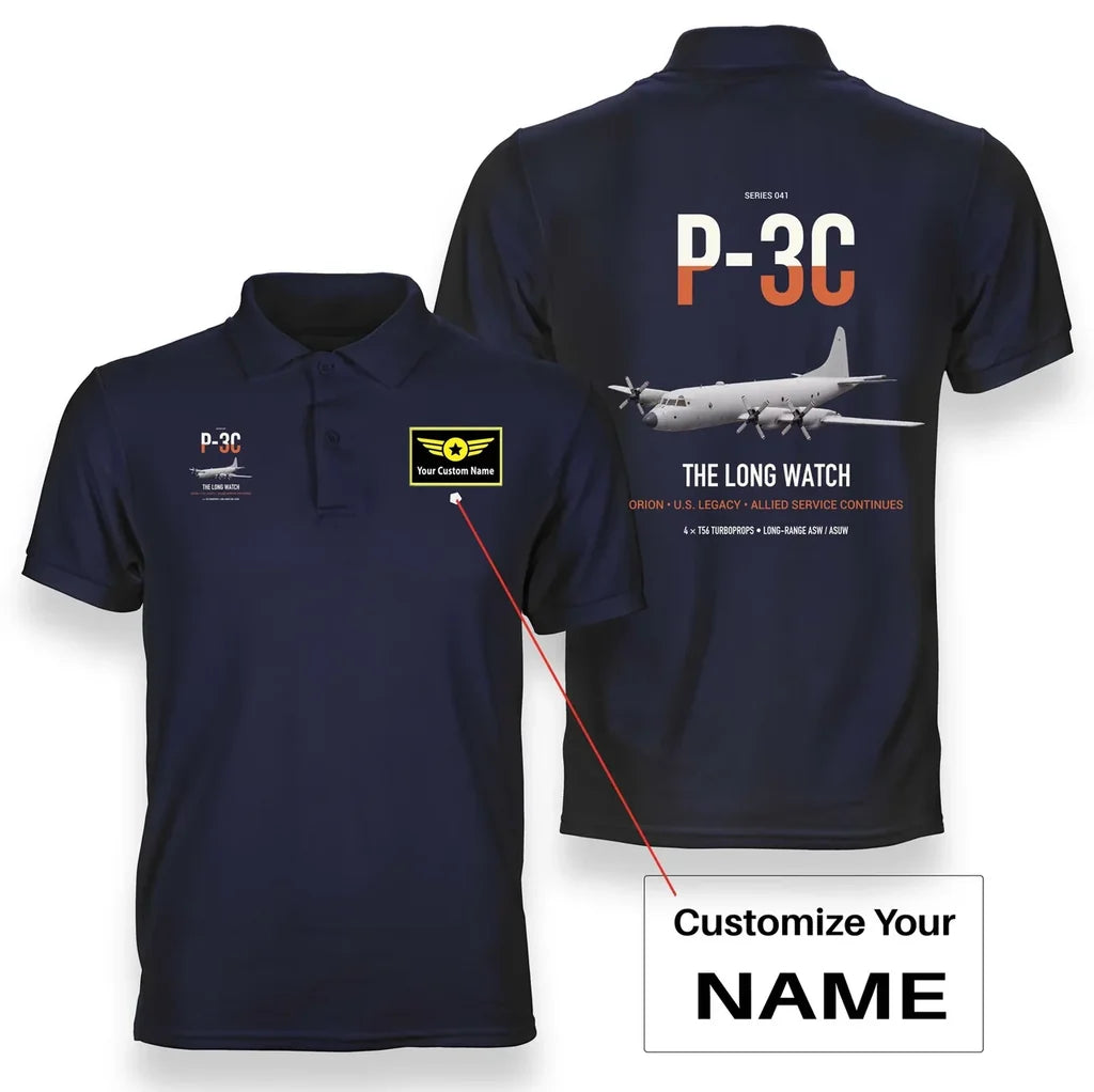 P-3C Orion design on navy blue+name double-side polo t-shirt, double-side print