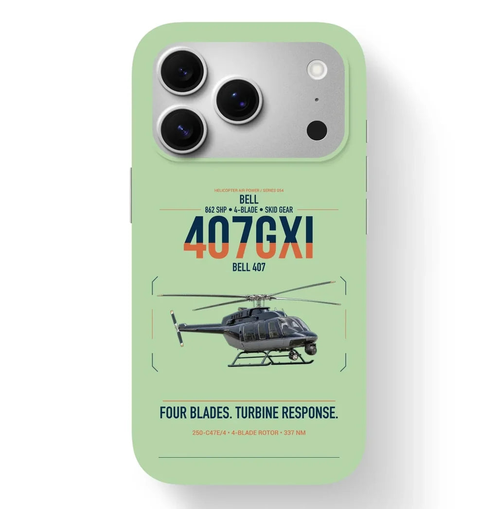 Bell 407GXi design on light green magsafe iphone case, for iPhone 17 Pro