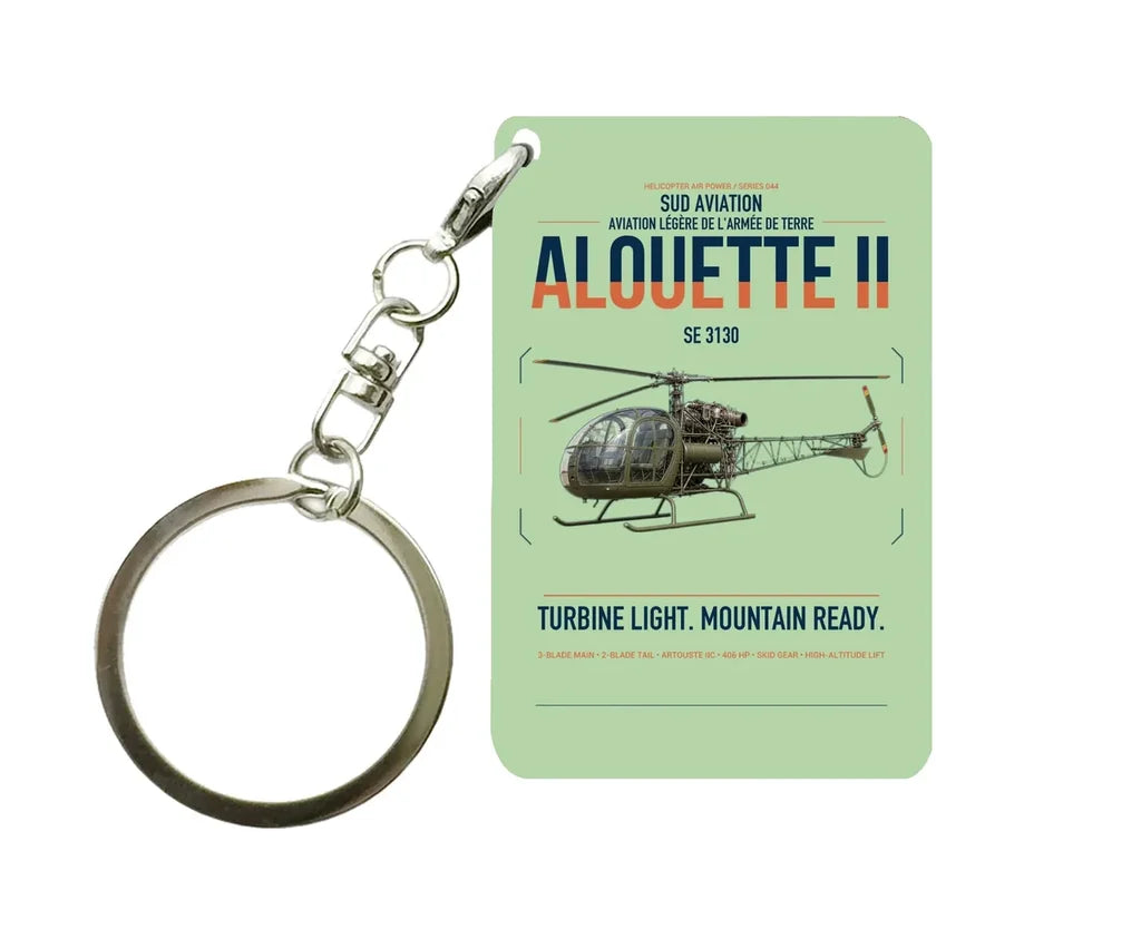 Sud Aviation SE 3130 Alouette II design on light green designed key chain, double-side print