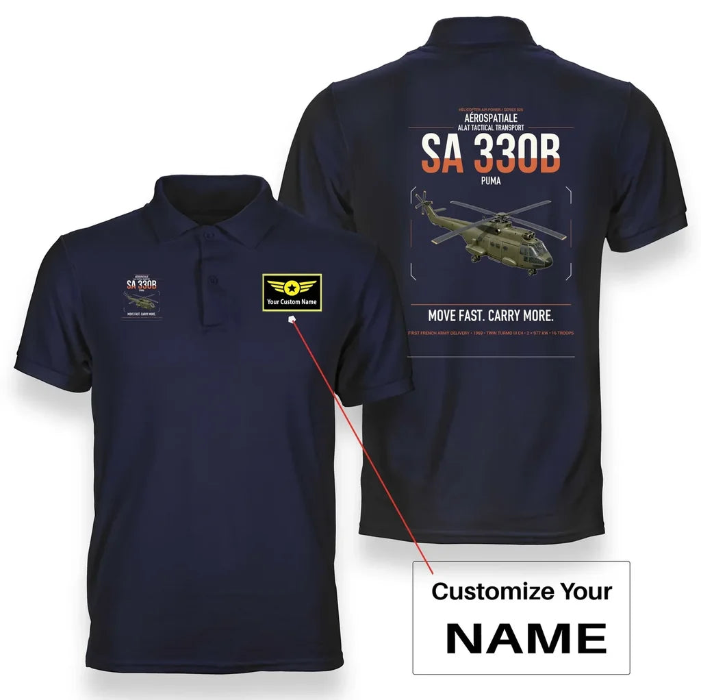 Aérospatiale SA 330B Puma design on navy blue+name double-side polo t-shirt, double-side print