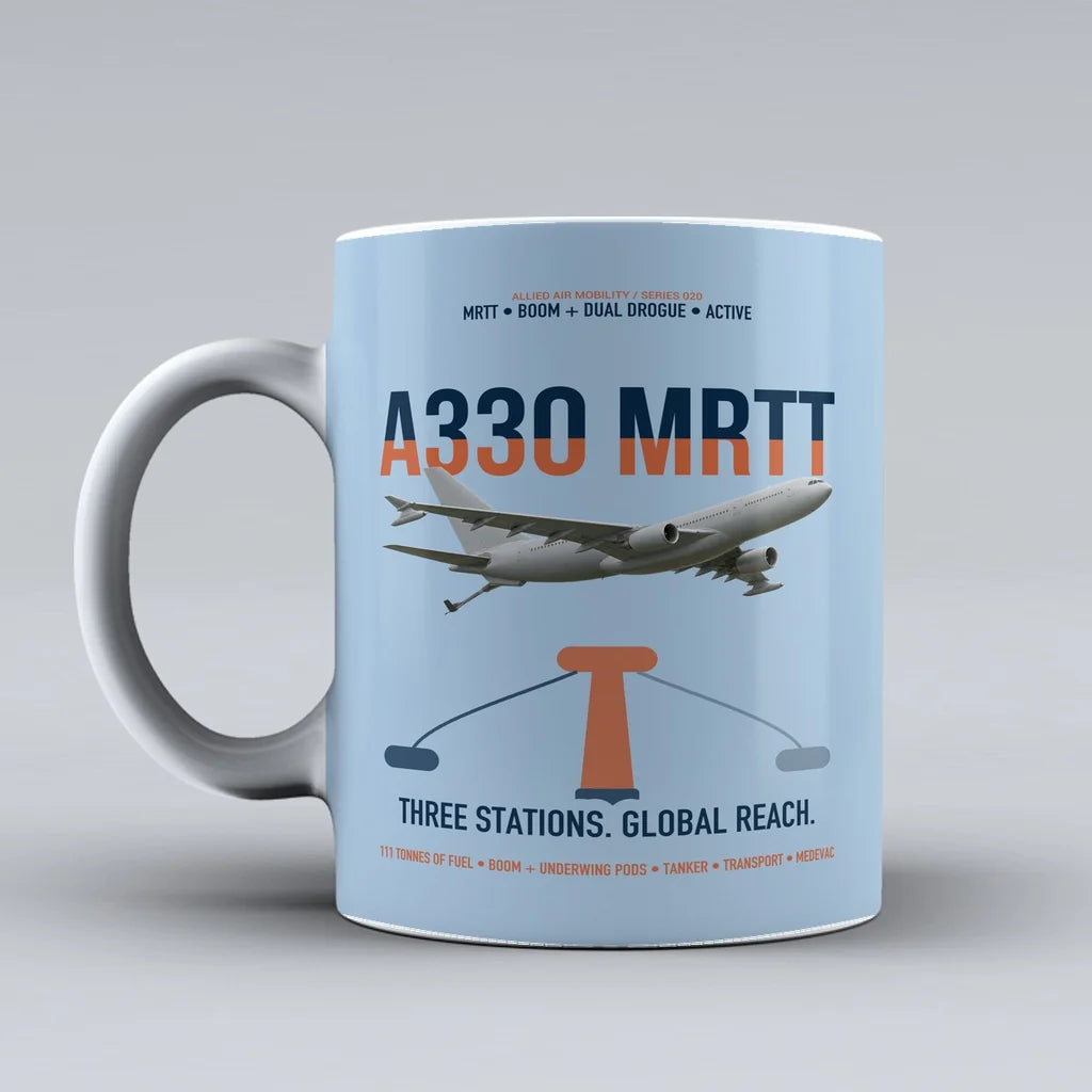 Airbus A330 MRTT design on light blue ceramic mug, double-side print