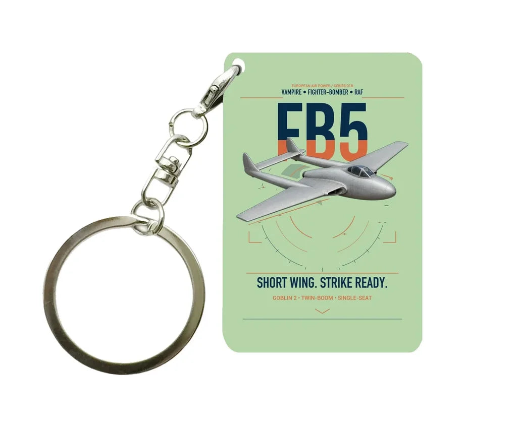de Havilland Vampire FB5 design on light green designed key chain, double-side print