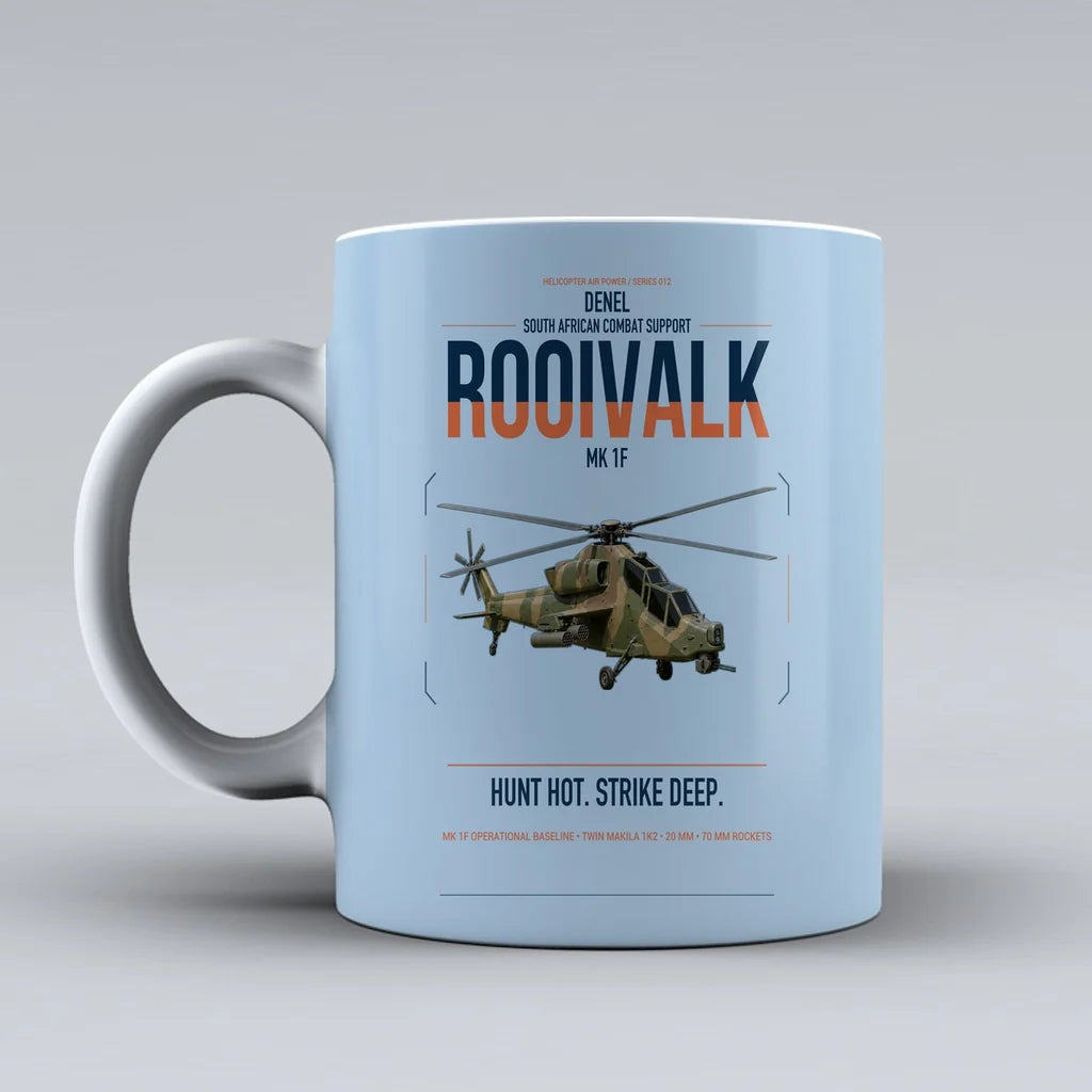 Denel Rooivalk Mk 1F design on light blue ceramic mug, double-side print