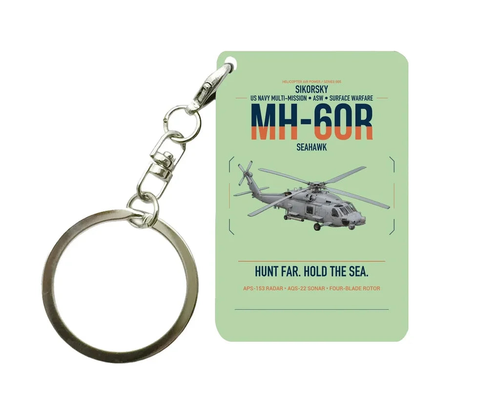 Sikorsky MH-60R Seahawk design on light green designed key chain, double-side print