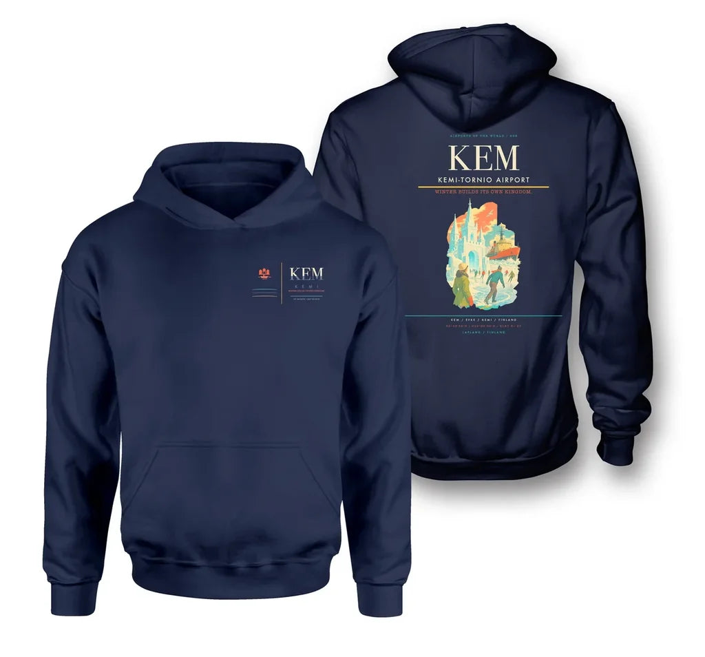 Kemi-Tornio Airport (KEM) design on navy blue double-side hoodie